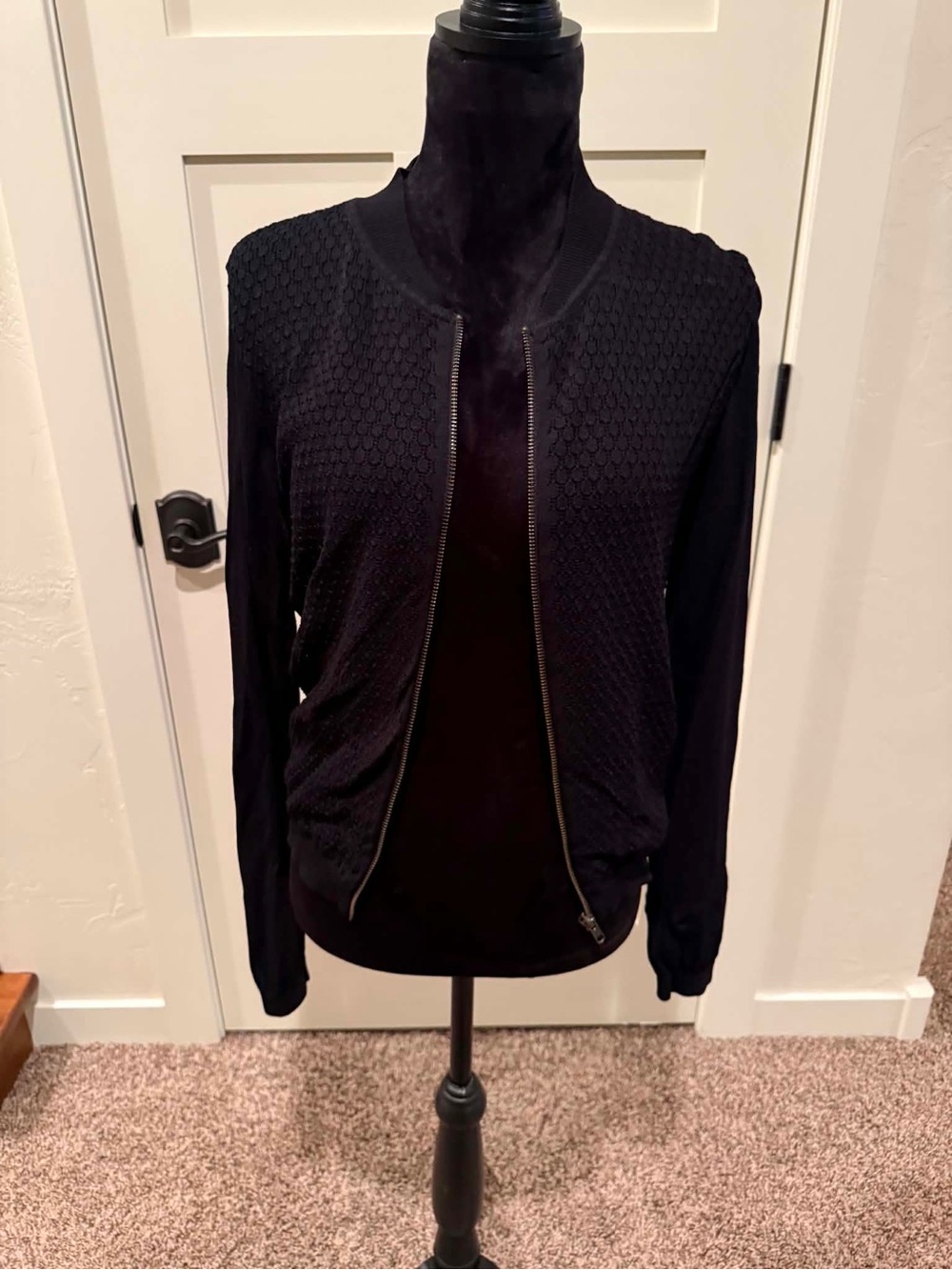 CAbi Womens Black Textured Bomber Jacket Full Zip Long Sleeve Size M
